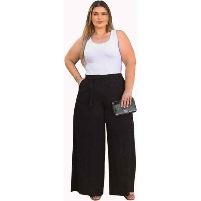 Calça Plus Size Pantalona Com Forro e Bolso Malha Premiun Juquitiba Brasil Preto