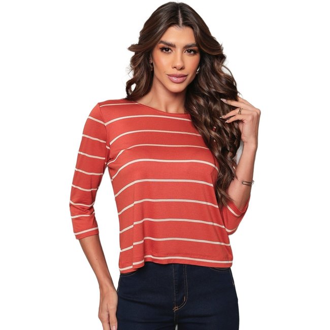 Blusa Manga 3/4 Dellamarca Listrada Laranja