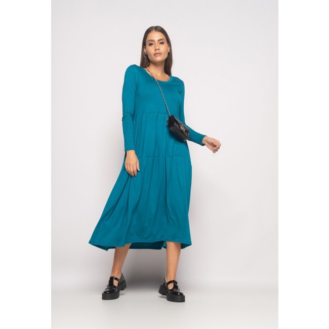 Vestido Midi Manga Longa Com Babado Malha Salvatore Azul