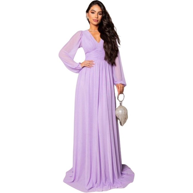 Vestido Longo de Festa Micro Tule Manga Longa Graciany Lavanda Lilás