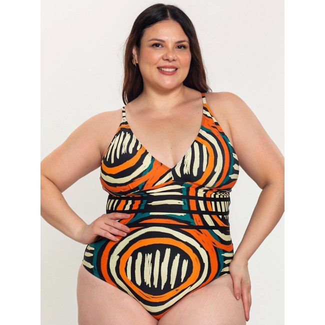 Maiô Plus Size Orla da Praia Frente Única Modelador Bojo Removível Estampado Preto e Laranja