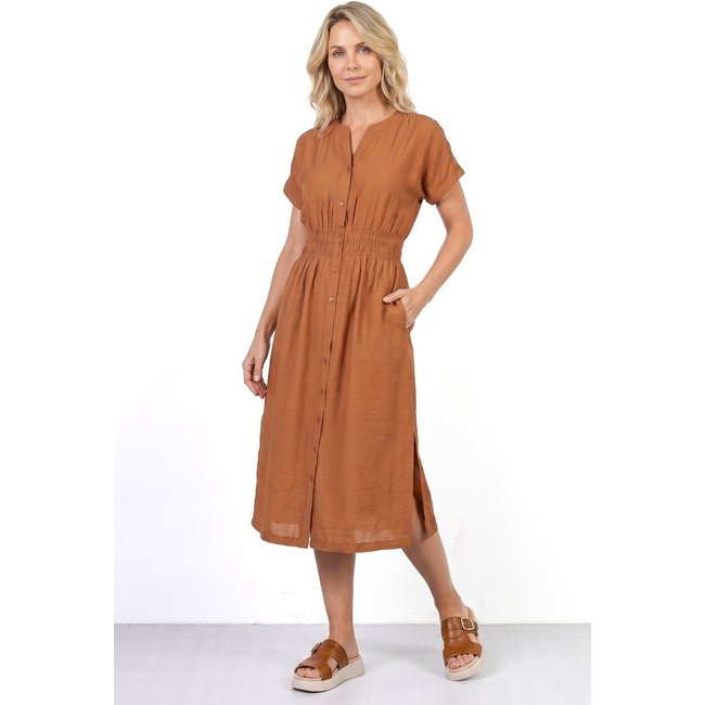 Vestido Enluaze Midi Manga Curta Botões E Elástico 51133 - Caramelo
