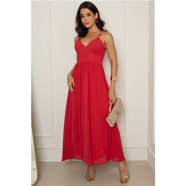 Vestido Antonella Midi Liso C/Ziper Costa Vermelho