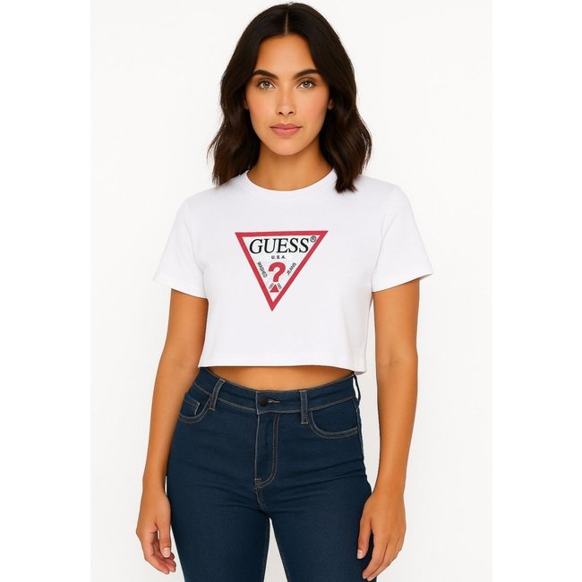 Camiseta Cropped Guess Triangulo Logo Hotfix Branco