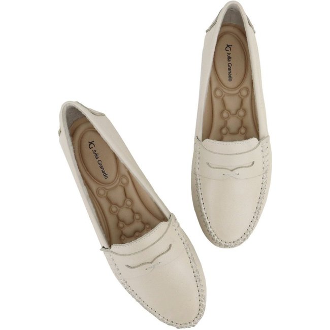 Sapato Mocassim Feminino Driver em Couro Elegante Conforto 450 Off White Branco