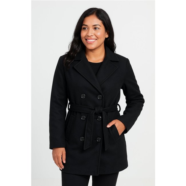 Casaco feminino lã batida sintética com cinto 84207 - Preto