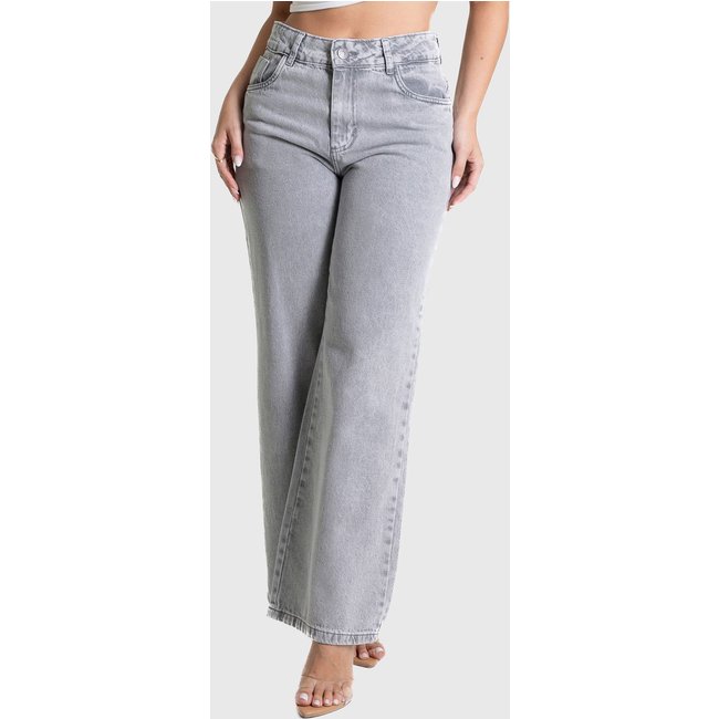Calça Feminina Sawary Wide Leg Cintura Alta Cinza