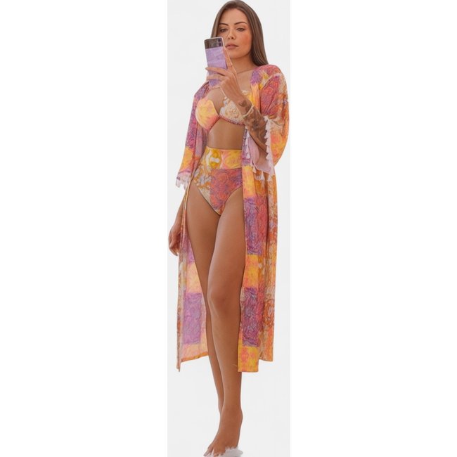 Kimono Areia Branca Baly Paisley Laranja