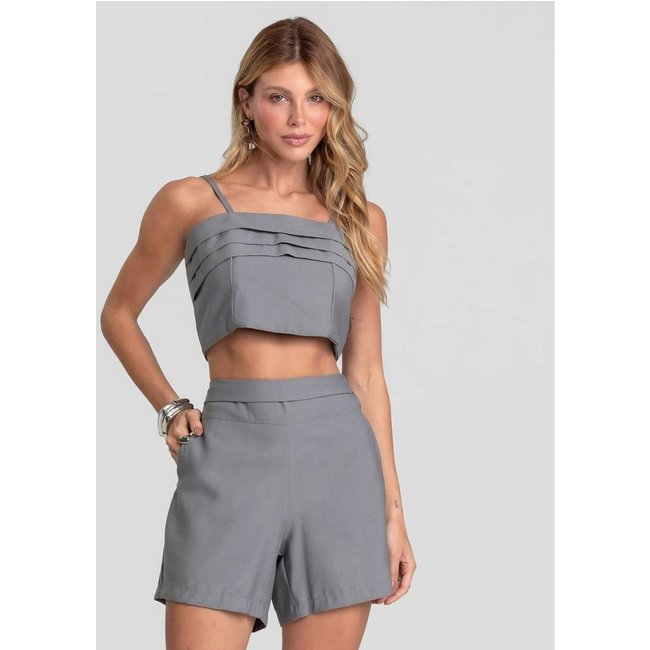 Shorts Feminino Cós Alto Em Alfaiataria Dianna Cinza
