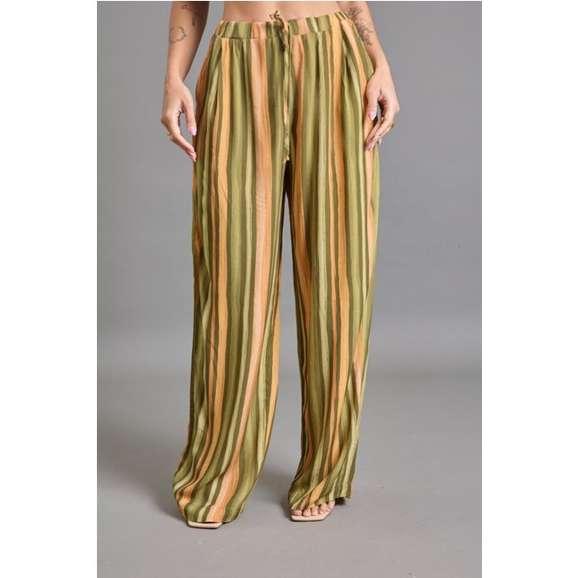 Calça Pantalona Verde Listrada em Viscose Leve Lemier Collection