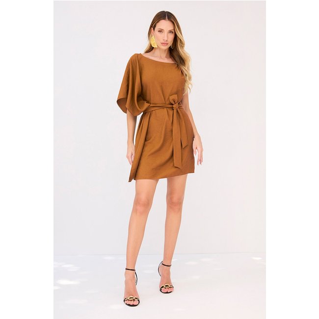 Vestido Curto Liso Com Enfeite Ocre Charry