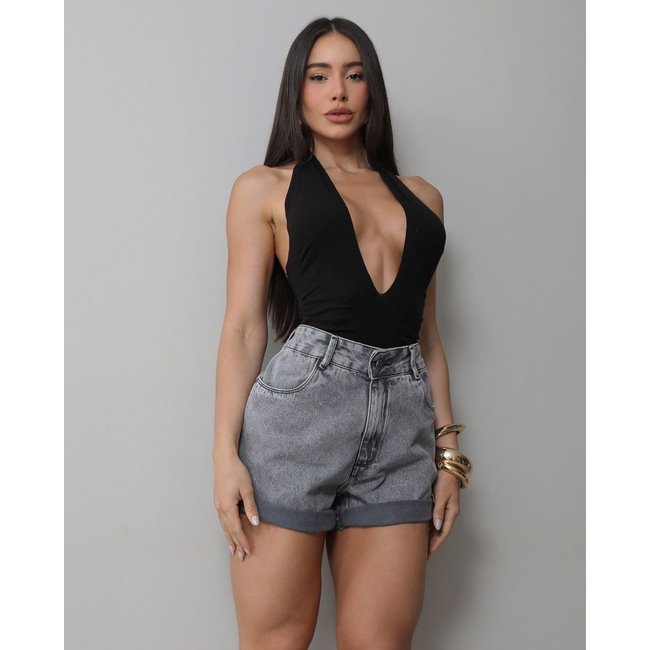 Shorts Jeans Mom Feminina Barra Dobrada e Martingale 25248 Cinza Consciência