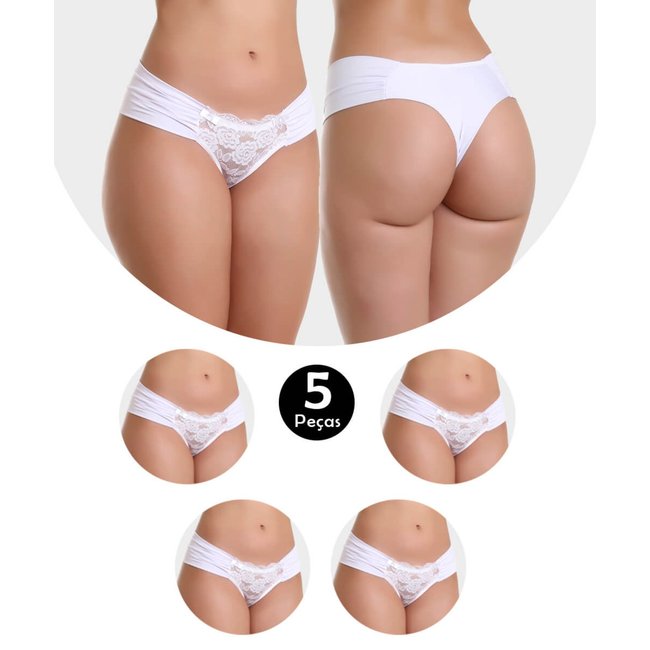 Kit 5 Calcinha Tanga Fio Dental Duplo Em Microfibra E Renda Antônia Branca Branco