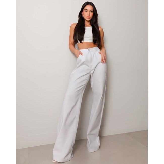 Calça Jeans Wide Leg Feminina Cintura Alta Básica Algodão 29000 Branco Consciência