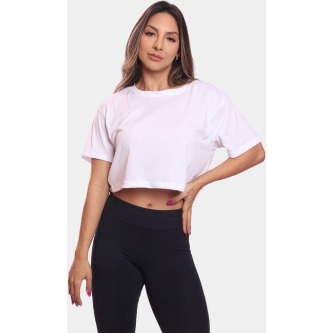 Cropped Manga Curta Feminino Dry Proteção UV Blusa Blusinha Academia Treino Branco