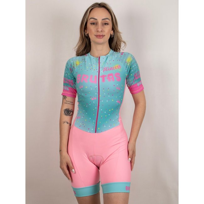 Macaquinho De Ciclismo Feminino Manga Curta Estampa Princesa Com Forro Em Gel