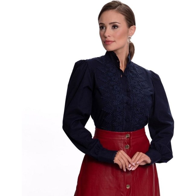 Camisa Social Feminina Rendada Luxo Moderna Teodoro Glamour Azul Marinho G Azul Marinho