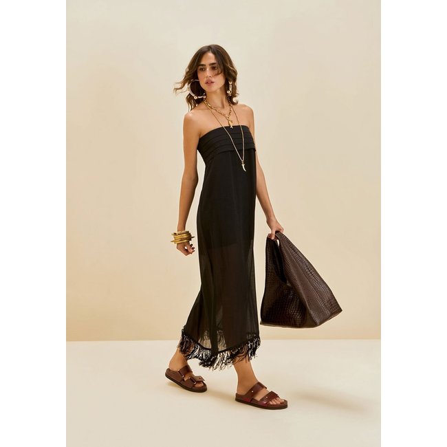 Vestido Morena Rosa Solto Decote Reto Sem Manga Midi Preto