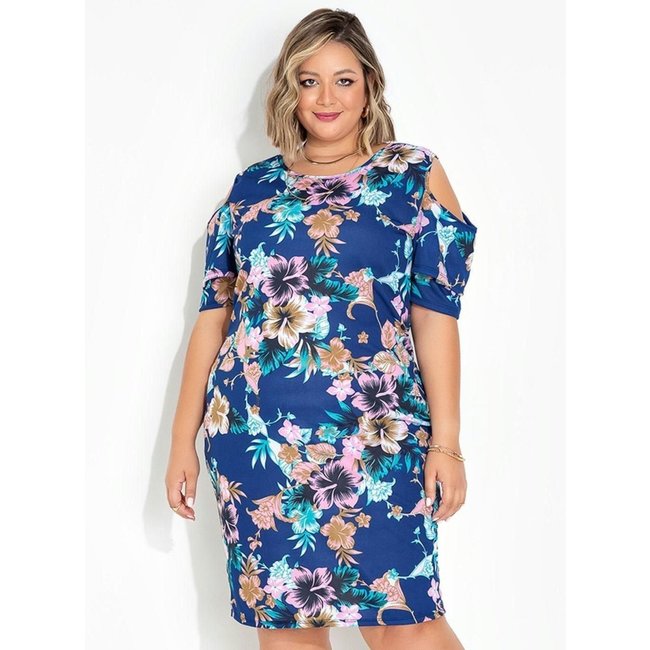 Vestido Com Babados Plus Size Floral Azul Marguerite