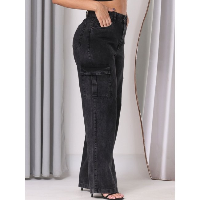 Calça Donna De Paula Cargo Cinza Grafite Marmorizada Cintura Alta E Bolsos Laterais