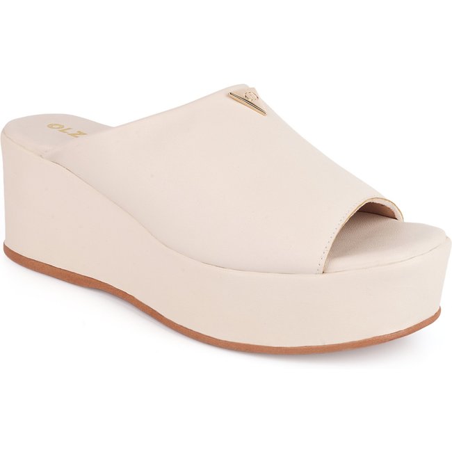 Tamanco Feminino Anabela Flatform Plataforma Detalhe Dourado Confortável Original Olzzy Off-White