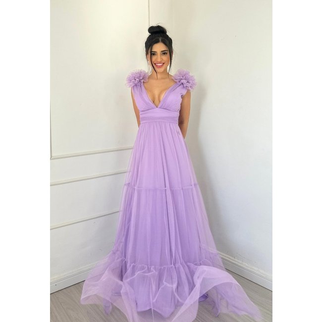 Vestido Longo de Festa Madrinhas com decote em V Detalhes nos Ombros Gylane Lavanda Lilas