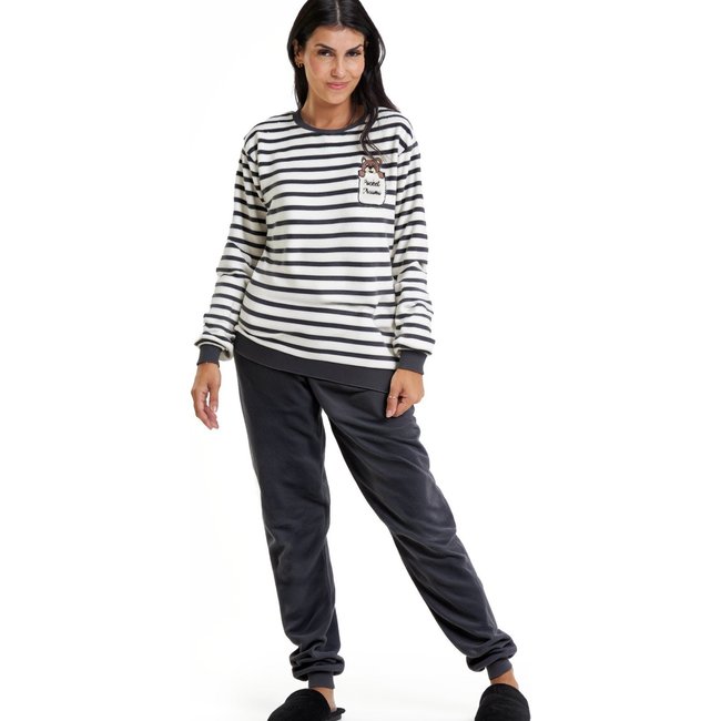 Pijama Longo de Inverno Feminino em Soft Fleece Com Punho Teddy Listrado