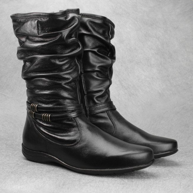 Bota Feminina Miuzzi Cano Médio Salto Baixo Enrugada Ajustável Em Couro Legítimo Preto