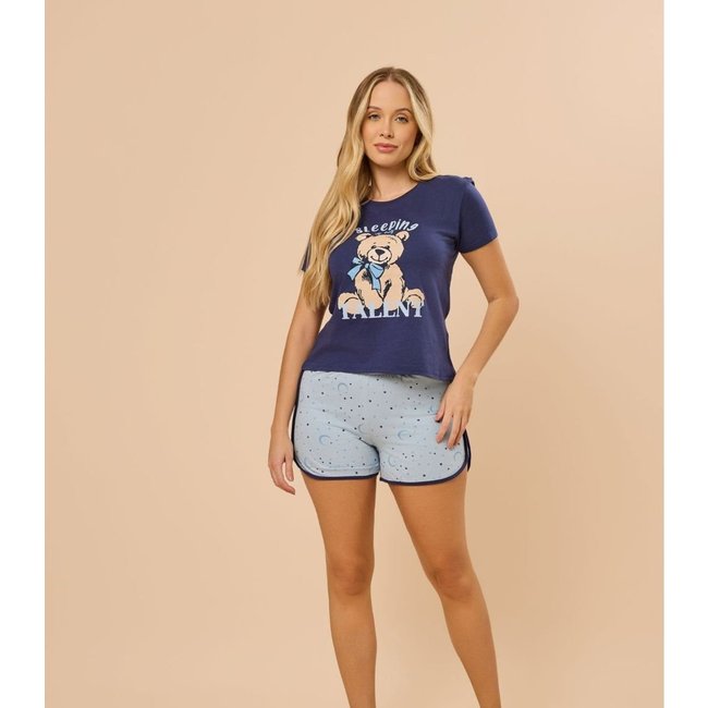 Pijama Feminino Manga Curta Meia Malha Evanilda Azul