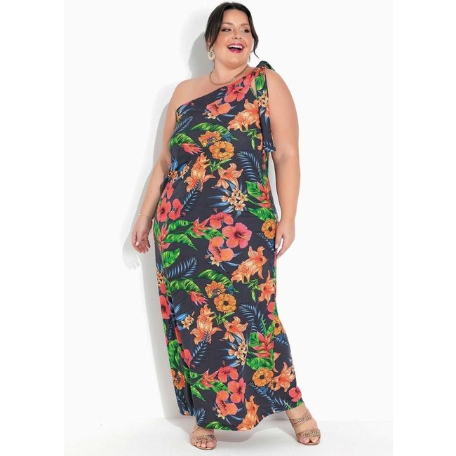 Vestido Assmétrico Plus Size Floral Marinho Marguerite