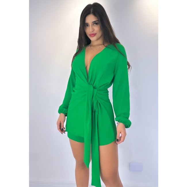 Macaquinho Curto Manga Longa Transpasse Yohanna Crepe Verde