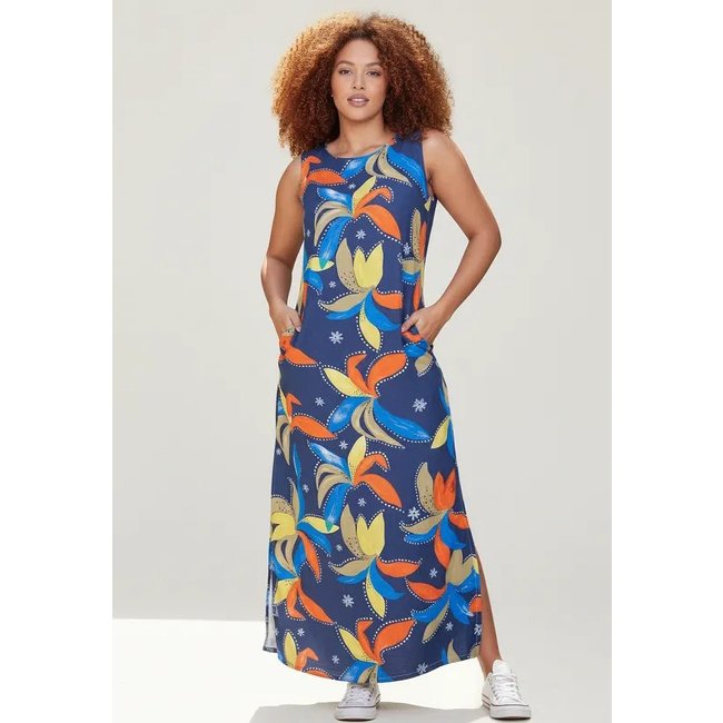 Vestido CabanaFree Longo Plano com Bolso Estampa Maré Vibrante