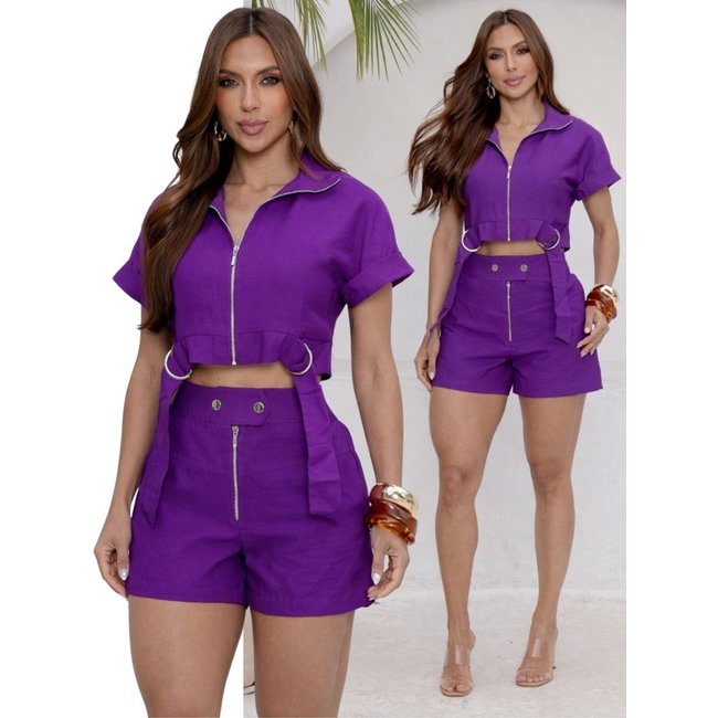 Conjunto Feminino Divina Gata Blusa Cropped Com Zíper e Shorts ROXO