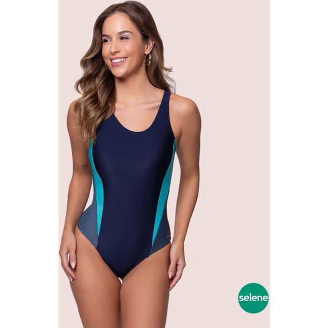 Maiô Nadador Selene Verão Praia Feminino Com Recorte Marinho e Azul