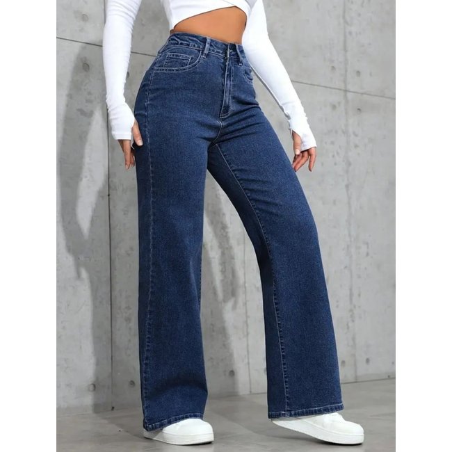 Calça Jeans Wide Leg Feminina Safira Moda Pantalona Azul Escuro