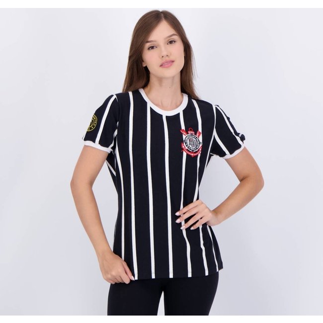 Camisa Corinthians Democracia Retrô Feminina Preta e Branca