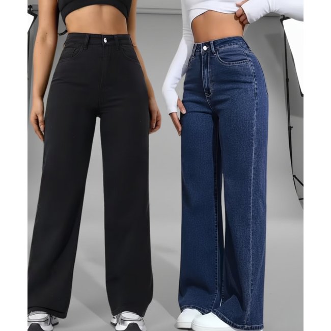 Kit 2 Calças Widleg Feminina Jeans Alpha Street Wear Estilo Gringa Fashion e Confortavel Azul Preto e Azul Escuro