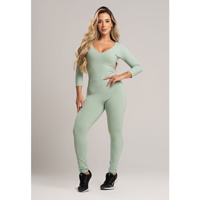 Macacão Fitness MVB Modas Longo Feminino 3/4 Costa Fechada Poliamida Pistache