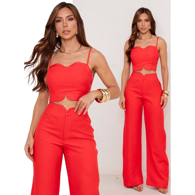Conjunto Feminino Alfaiataria Divina Gata Cropped e Calça Pantalona - Vermelho