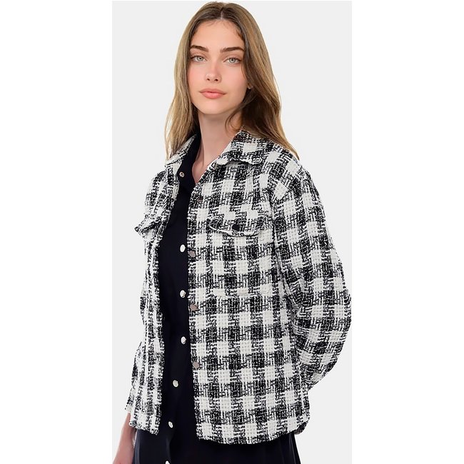 Jaqueta Xadrez Preta Feminina de Lã Tweed com Bolsos Preto