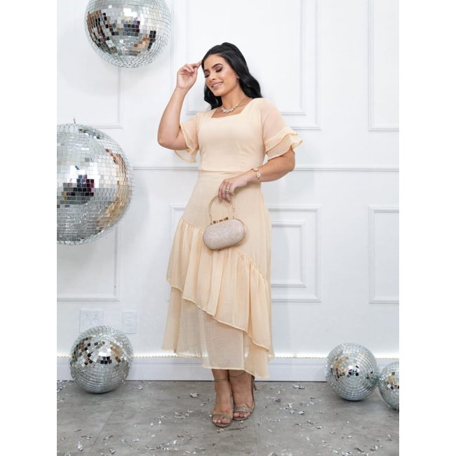 Vestido de Festa Casamento Social Midi com Babado e Elástico Verão Bege