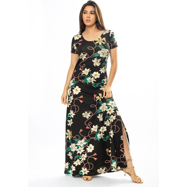 Vestido Longo Cabanafree Malha Gola Canoa Manga Curta Estampa Flores Ébano