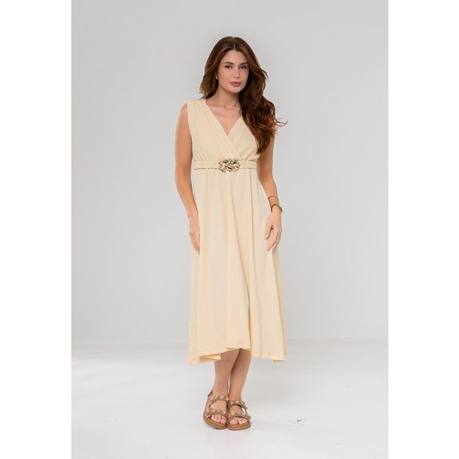 Vestido Aura Eva Cinto Malha Creponada Off