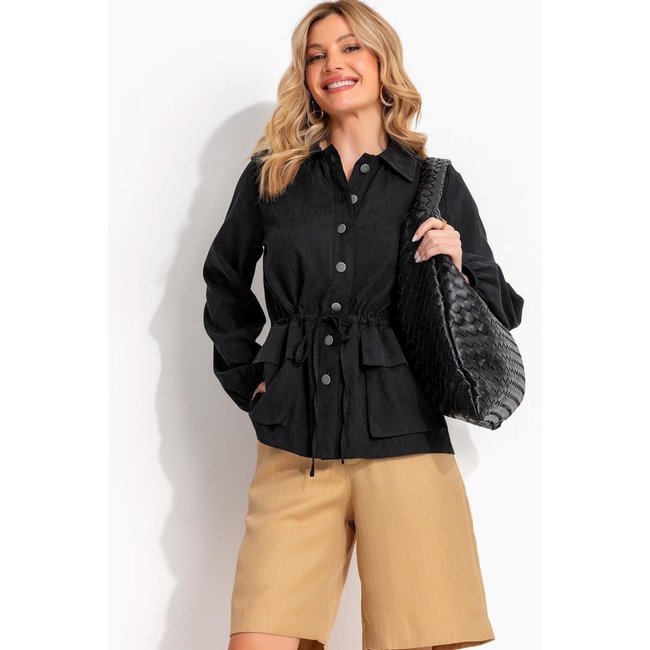 Parka Utilitária Preta Em Nylon Suede Com Ajuste Na Cintura - Quintess Quintess