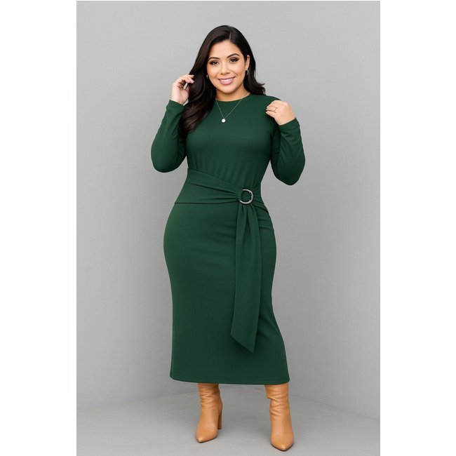 Vestido Midi D Bell Outlet Fashion Manga Longa Verde