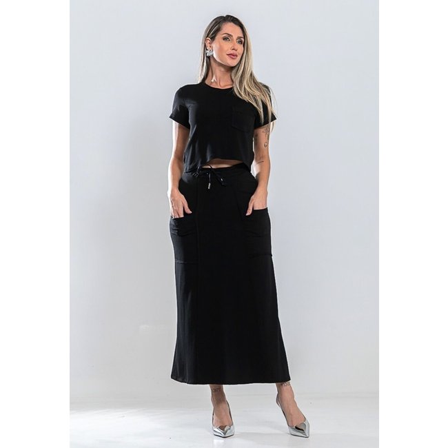 Conjunto Moletinho Feminino Saia Longa e Blusa Cropped Manga Curta Moda Primavera Verão Preto