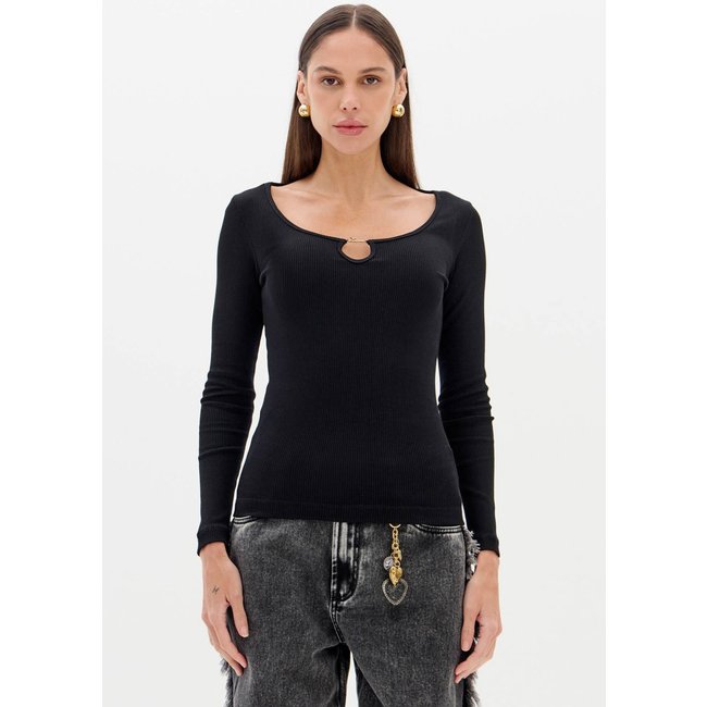 Blusa Feminina Lança Perfume Malha Canelada Recorte Frontal Preta