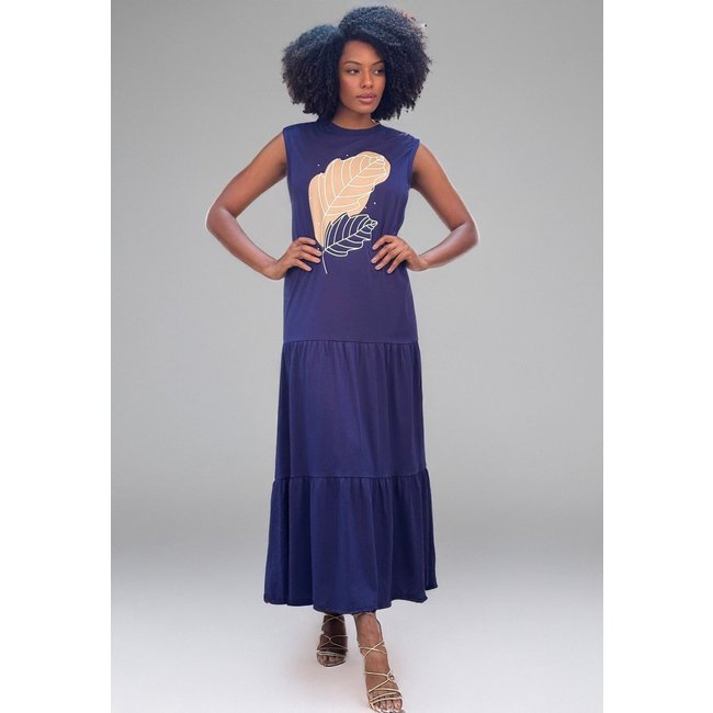 Vestido Cabanafree Longo Regata Curta Folha Azul