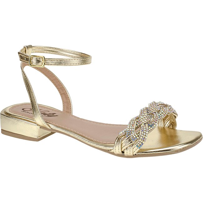 Sandália Saltinho 2,5 cm Baixo Bloco Strass Rasteirinha Ouro Naty Shoes Numeração Especial 41,42,43