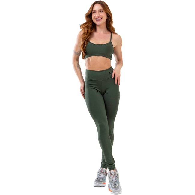 Conjunto Fitness Pink Urban Top Alça Nadador Calça Legging Cintura Alta Blackout Academia - Verde
